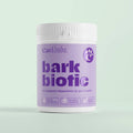 Bark Biotic tub — white lid, lilac label with the Canilabs paw logo, "5 Biotic Ingredients", "Pumpkin Powered" and "Approved By Vets" badges