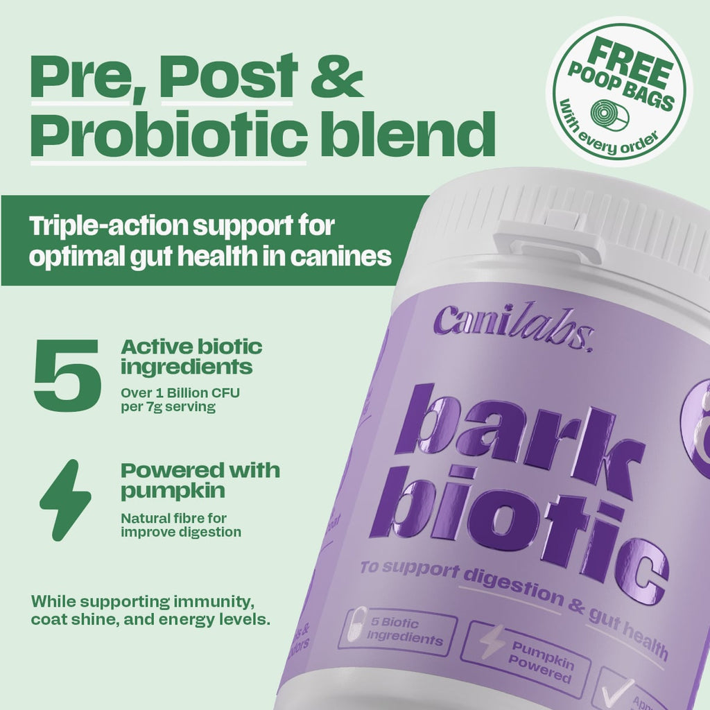 Bark Biotic pre/post/probiotic blend — 5 active biotic ingredients providing over 1 billion CFU per 7g serving, powered with pumpkin fibre, free poop bags with every order