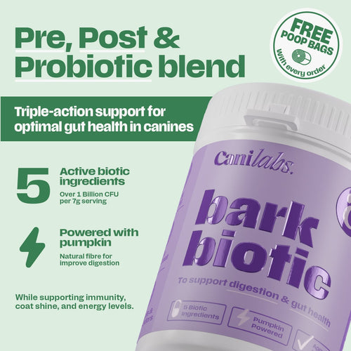Bark Biotic pre/post/probiotic blend — 5 active biotic ingredients providing over 1 billion CFU per 7g serving, powered with pumpkin fibre, free poop bags with every order