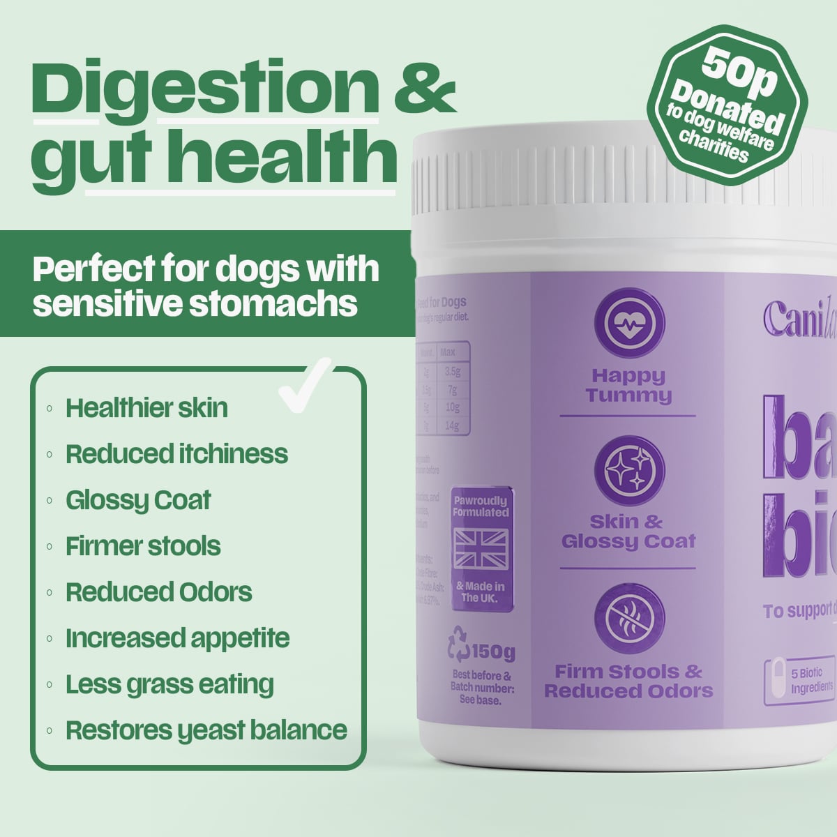 Bark Biotic for digestion and gut health — checklist of benefits including healthier skin, reduced itchiness, glossy coat, firmer stools and reduced odours; 150g, made in the UK
