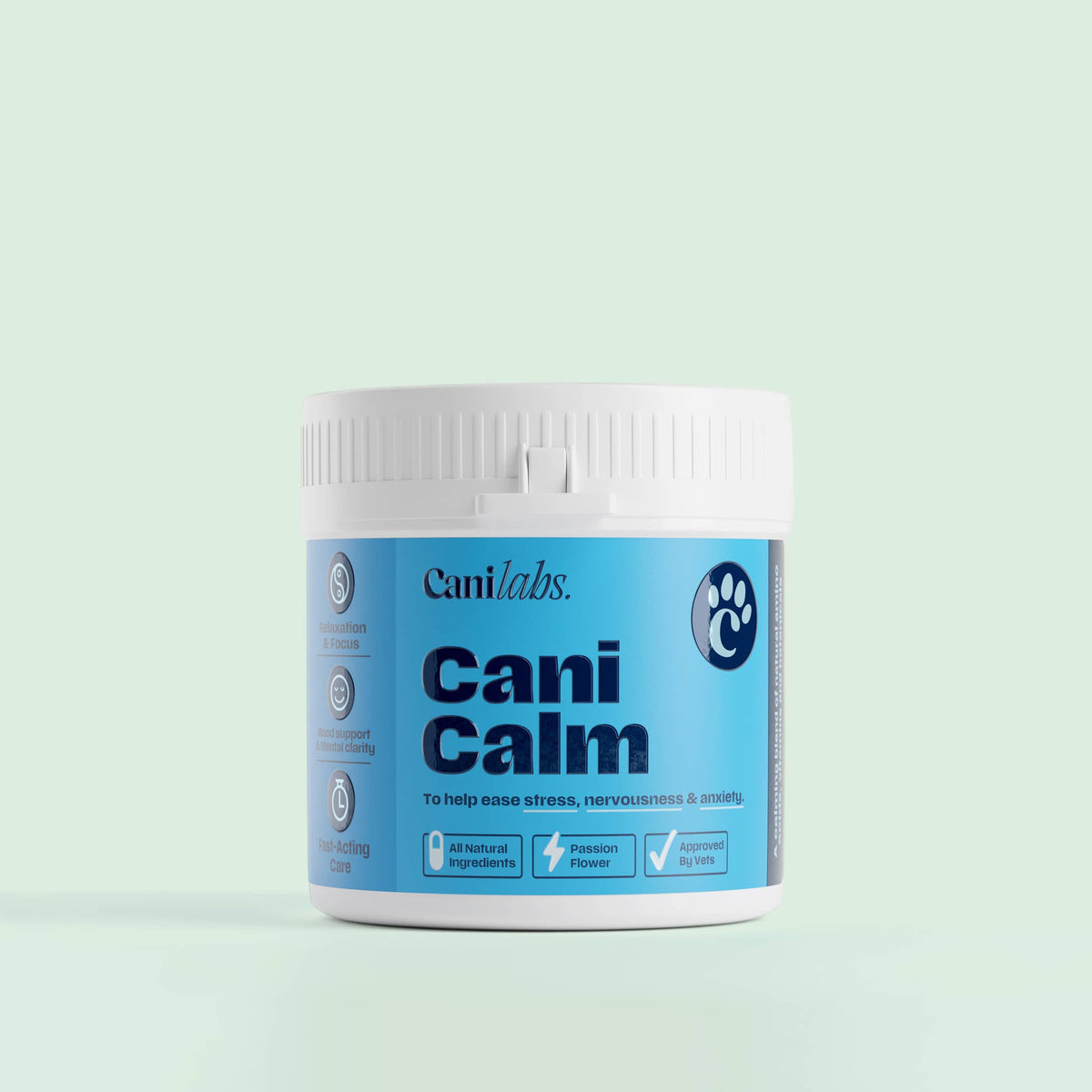 Cani Calm tub — white lid, sky-blue label with the Canilabs paw logo, "All Natural Ingredients", "Passion Flower" and "Approved By Vets" badges