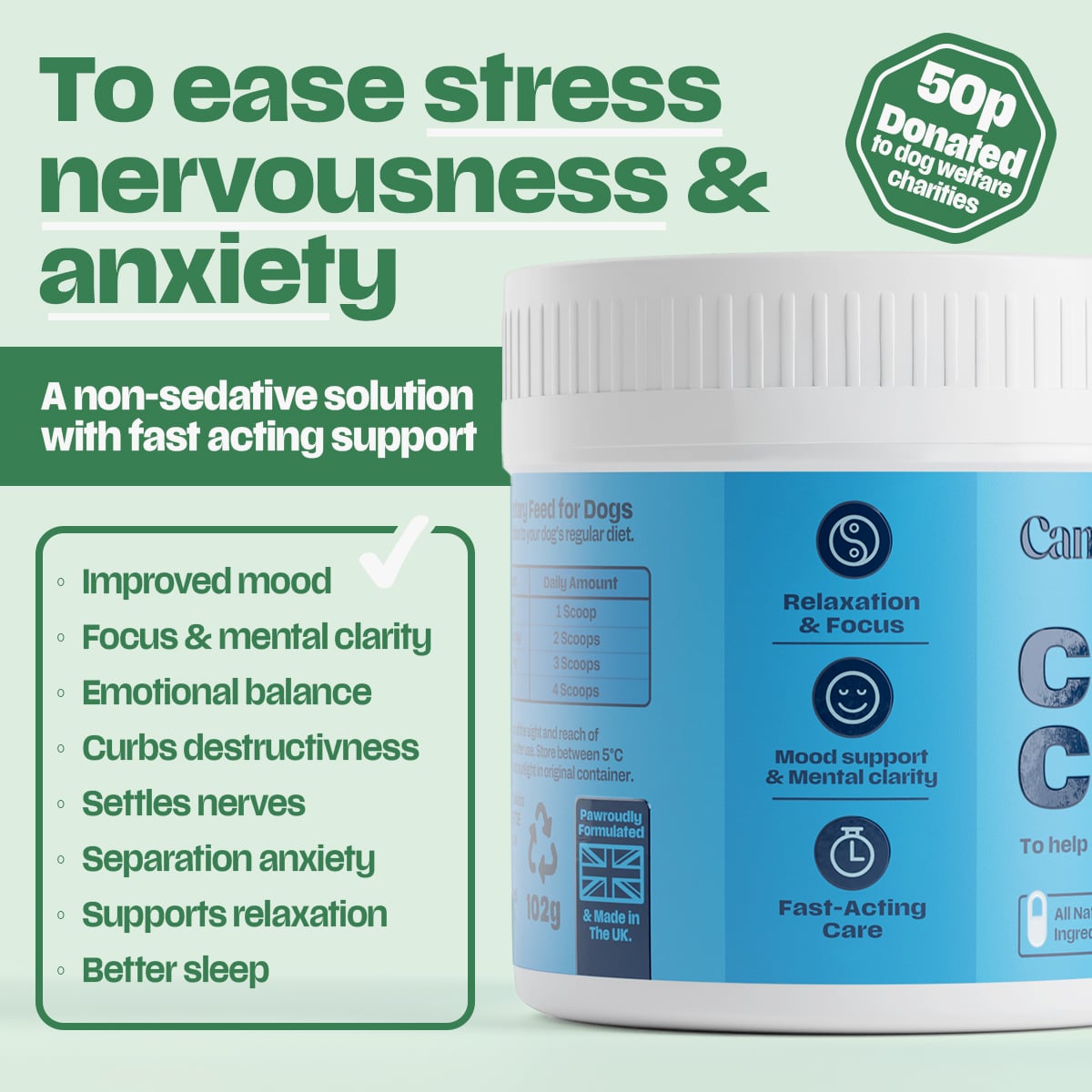 Cani Calm for stress, nervousness and anxiety — checklist of benefits including improved mood, focus, emotional balance and better sleep; non-sedative, fast-acting, made in the UK