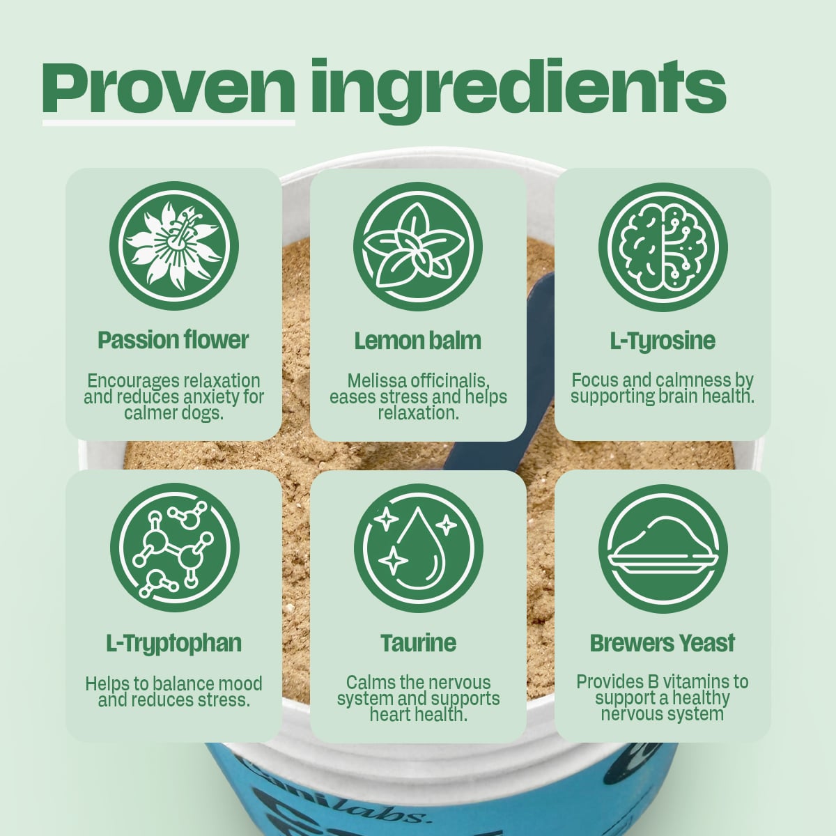 Cani Calm's six proven ingredients — passion flower, lemon balm, L-tyrosine, L-tryptophan, taurine and brewers yeast — each with a one-line explanation